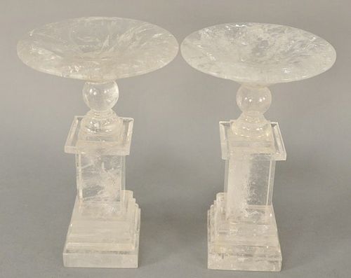 Pair of Neoclassical Rock Crystal Tazzas, having tazza bowl set on turned foot resting on square column base, 20th century. height 9 1/4 inches.