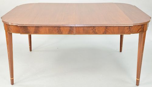 Charles Post Mahogany Dining Table, having plum pudding mahogany D shaped top with curved edge on inlaid frieze set on square tapered legs with bell f