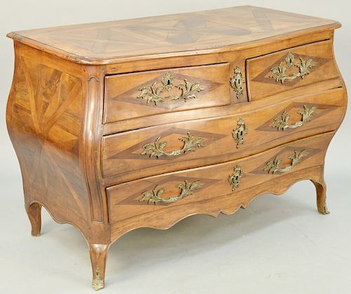 Provincial Louis XV Bombe Commode, inlaid and ormolu mounted, walnut top with geometric inlays (fading throughout, repairs), late 19th century. height