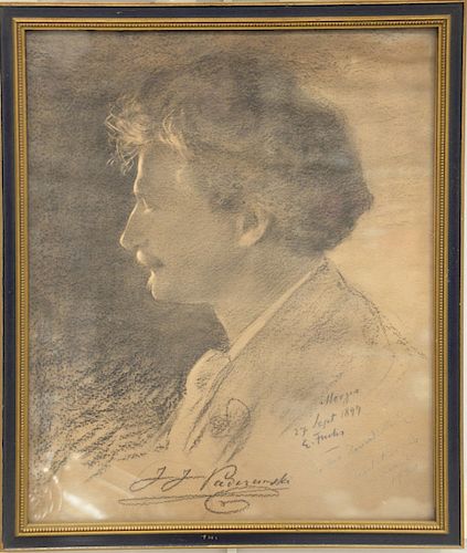 Emil Fuchs (1866 - 1929), portrait of J.J. Paderewski, chalk on paper, signed dated and written lower right Morges 27 Sept 1899 E.Fuchs, to Mr. Howard