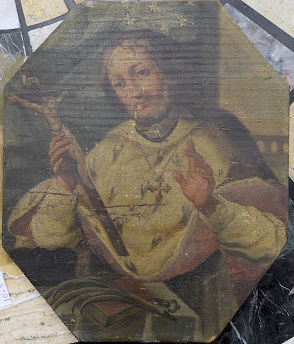 Unsigned, oil on board, religious figure holding a cross, 17th century or later, old paper label on back. 10" x 8 3/4".