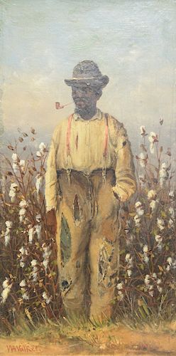 William Aiken Walker (1838 - 1921), cotton picker man, oil on board, signed lower left W.A. Walker, Christie's label. 6" x 12".