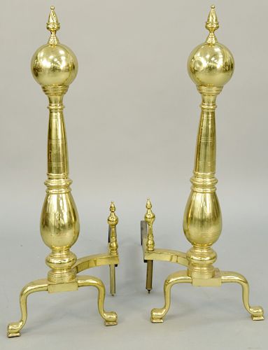 Pair of Monumental Brass Andirons, 20th century. height 43 1/2 inches, width 15 1/2 inches, depth 30 inches.