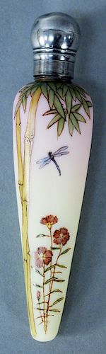 Webb Burmese Glass Perfume Bottle, paint decorated with bamboo tree, dragon fly, and flowers. height 5 inches.