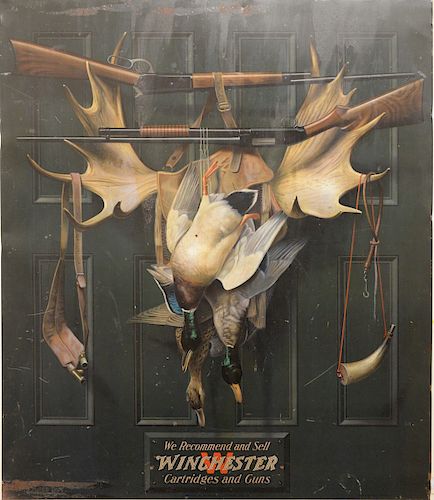 Winchester Advertising Tin Sign, "The Green Door", image with moose rack, guns, and dead hanging ducks by Alexander Pope, "We Recommend and Sell Winch