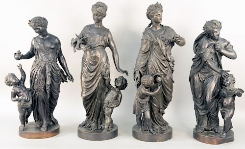 Set of Four Large Figural Bronzes of the Four Seasons, winter with shivering nymph being warmed by a brazier carried by Cupid Spring having nymph with