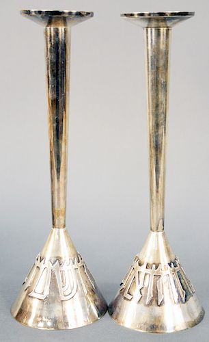Pair of Large Ludwig Wolpert Judaica Sterling Silver Candlesticks, modernist style with tapered stem and flared feet having applied letters marked ste