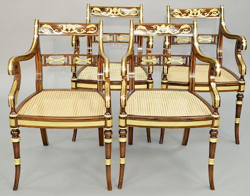 Set of Four Regency Style Open Armchairs, gilt and grain painted with caned seats. height 33 inches. Provenance: Estate of Deborah Black, Greenwich, C