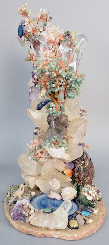 Grotto Rock Crystal Sculpture Vase, having amethyst, rock crystal, semi precious stones, bird and turtle figures, in the manner of Tony Duquette. heig