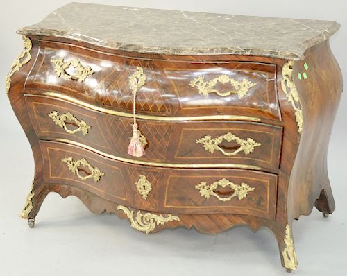 Louis XV Bombe Commode, parquetry veneered ormolu mounted marble top, late 19th century, with variegated brown marble top, in custers. height 31 1/2 i