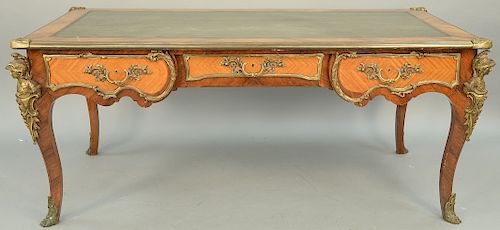 Louis XV Style Bureau Plat, kingwood and mahogany veneered and ormolu mounted writing table, late 19th century, with inset embossed green leather top,