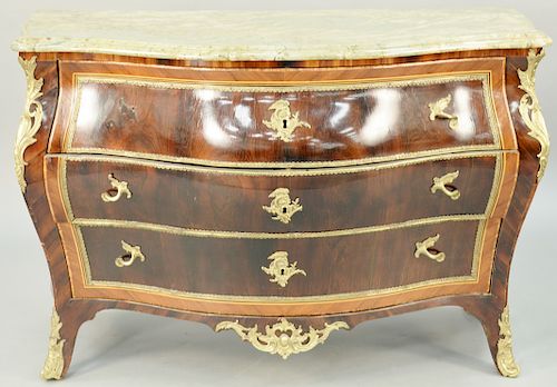 Northern European Bombe Commode, mahogany and rosewood veneered and ormolu mounted with marble top, variegated green marble top possibly by associatio