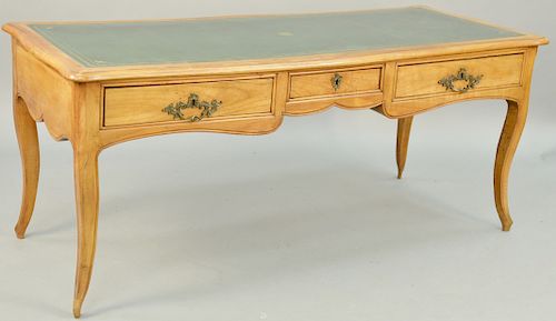 Louis XV Walnut Writing Desk, French provincial with inset embossed green leather writing surface, three short drawers on cabriole legs, late 19th cen