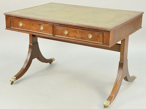 George III Library Table, with gilt embossed inset, green leather top and working drawers on both sides, circa 1830. height 29 1/2 inches, top 33" x 4