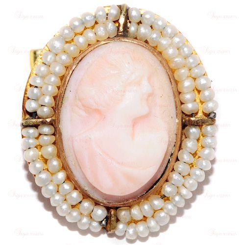 Art Nouveau Angel Skin Natural Coral Carved 14k Yellow Gold Cameo Brooch