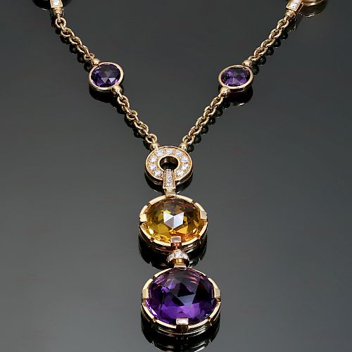 BULGARI Parentesi Amethyst Citrine Diamond 18k Rose Gold Necklace