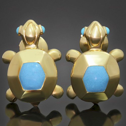 CARTIER Blue Turquoise 18k Yellow Gold Turtle Earrings