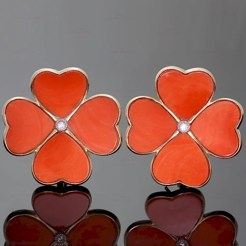 Natural Red Coral 18k Yellow Gold Large 4 Leaf Clover Flower Earrings