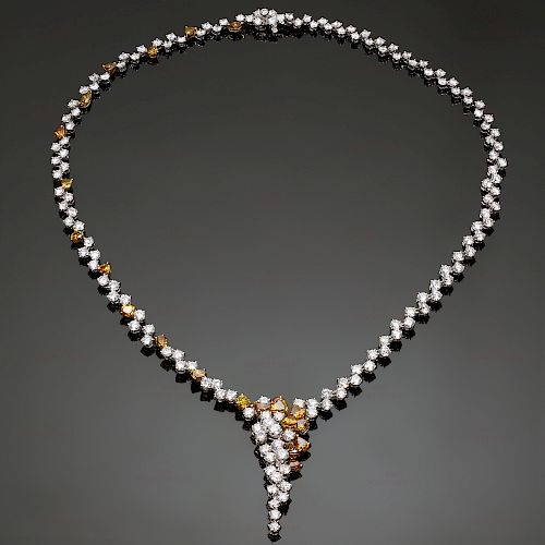 Orange & White Diamond 18k White Gold Cascade Necklace New