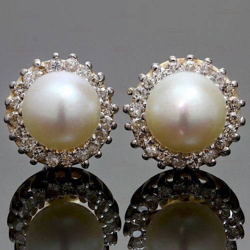 Pearl Diamond 14k Yellow Gold Stud Earrings