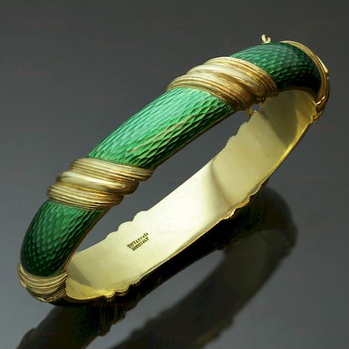TIFFANY & CO. 18k Yellow Gold Green Enamel Striped Bangle Bracelet