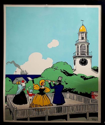 Tony Sarg (1880-1942) Framed Lithograph Poster "Family on Nantucket Roof Walk"