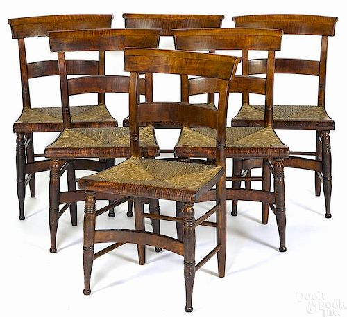 Set of six tiger maple rush seat chairs, 19th c.