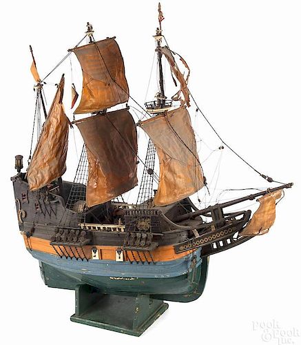 Carved and painted model of a frigate, 20th c., 4
