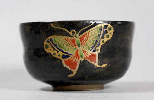 Black Chawan with Enameled Butterflies, signed Ninsei