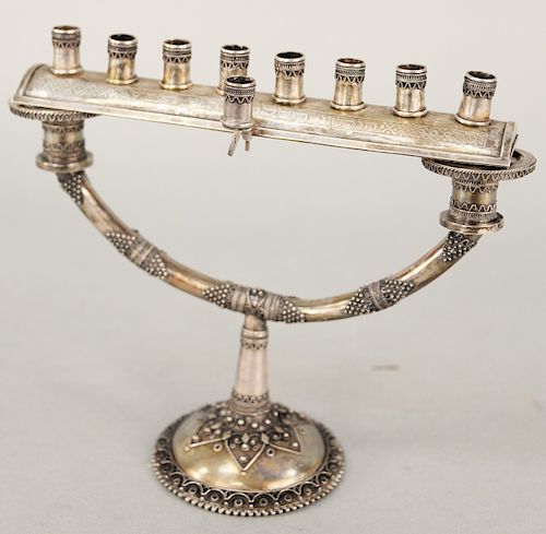 Israeli Sterling Silver Hanukkah Menorah, having applied wire work design, and bearing Hebrew writing, marked "made in Israel 935". height 7 inches, w