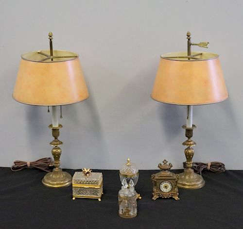 Pr Of antique Bronze Lamps With Tole Shades