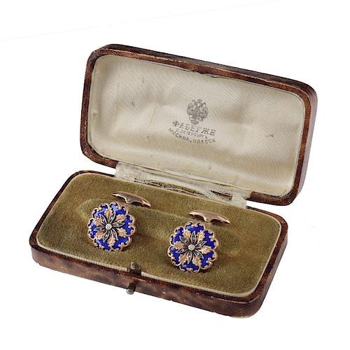 Faberge Diamond, Enameled and 14K Cufflinks
