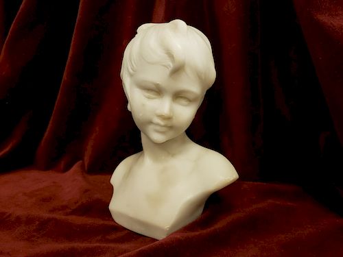 Antique White Marble Portrait Bust Sculpture of Boy Signed Umberto Stiaccini
