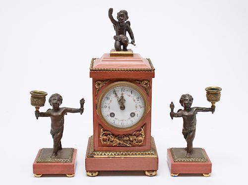 French Mougin Bronze & Marble Clock Garniture Set
