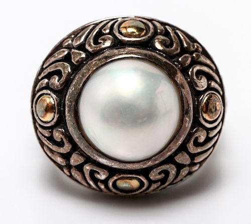 Silver w 18K Yellow Gold & Pearl Ring Signed BJG