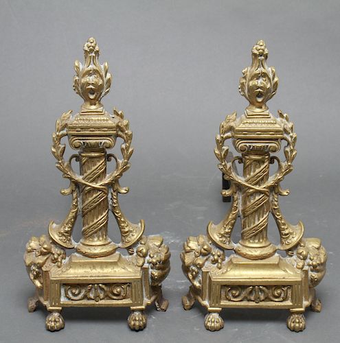 Neoclassical Style Brass "Column" Andirons, Pair