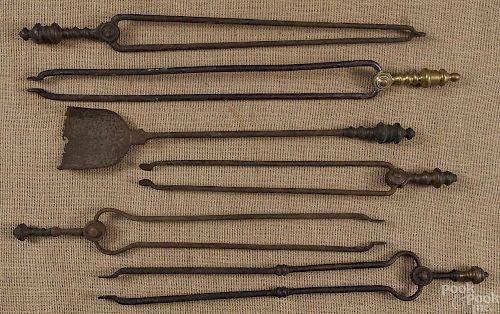 Five pair of fire tongs, ca. 1800, together with
