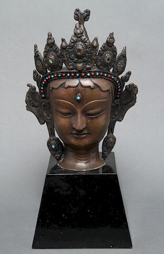 Tibetan Asian Bronze Divinity Head Sculpture
