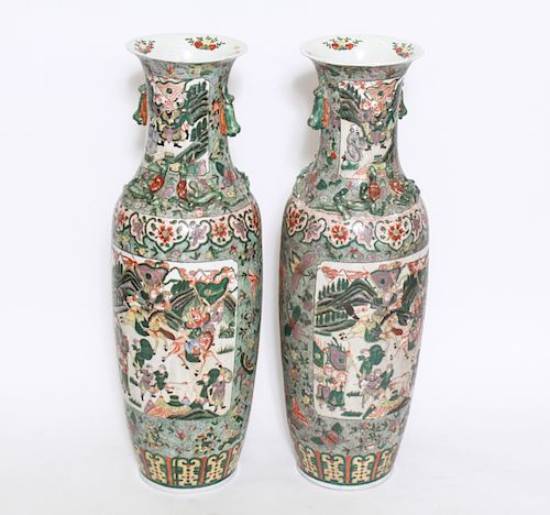 Chinese Famille Verte Porcelain Tall Vases, Pair