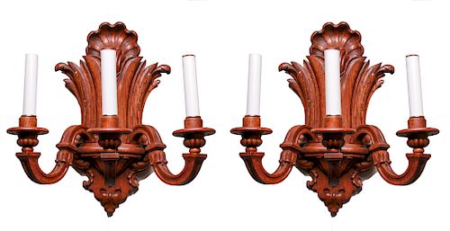 Rococo Manner Carved Wood 3-Arm Wall Sconces Pair