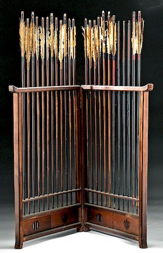Japanese Edo Wood Folding Screen w/ 24 Bamboo Arrows