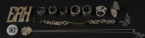 Group of sterling rings, together with an ID brac