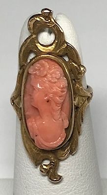 10K Coral Cameo Ring-Left facing Profile of a Lady