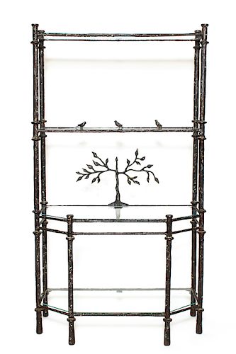 Giacometti Style Patinated Metal & Glass Etagere