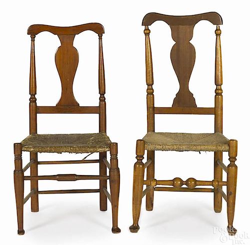 Two Queen Anne maple rush seat side chairs, 18th