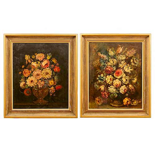 Lote de 2 obras pictóricas. Firma sin identificar y Anónimo. Bouquets. Óleo sobre tela. Enmarcados. 70 x 56 cm (mayor)