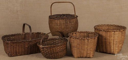 Five splint baskets, 19th c., tallest - 11''.