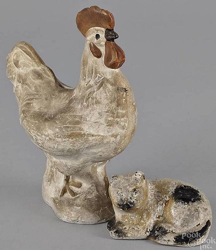 Chalkware rooster bank, 19th c., 8 1/2'' h., toget