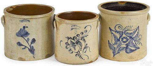 Three stoneware crocks, 19th c., with cobalt deco