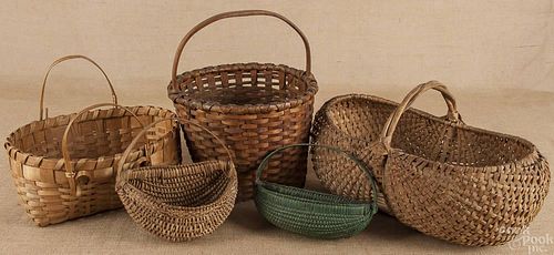 Five splint baskets, 19th c., to include one with